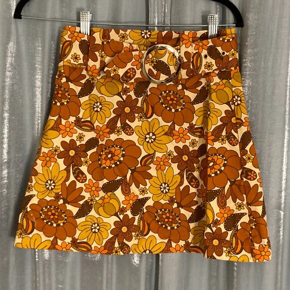 retro 60s floral high waisted autum colors mini skirt - Picture 1 of 8